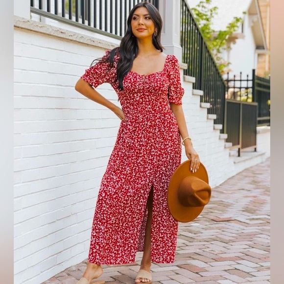 Wine Floral Print Smocked Maxi Dress - Picture 7 of 12
